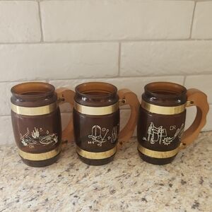 Vintage Siestaware Western Brown Glass Mugs With Wooden Handles Set Of 3